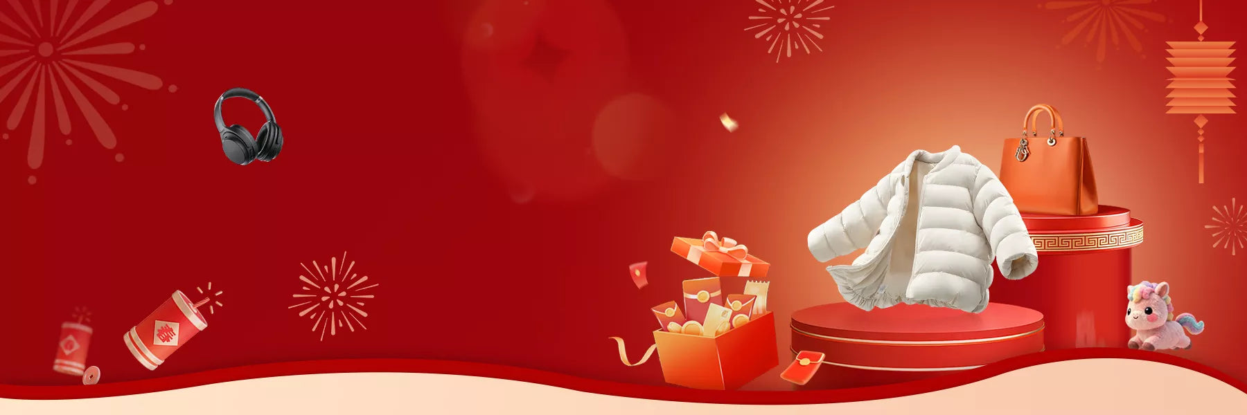 Red background with winter clothing, gift boxes, and decorative elements on a beige platforms - Jiyunservice Global